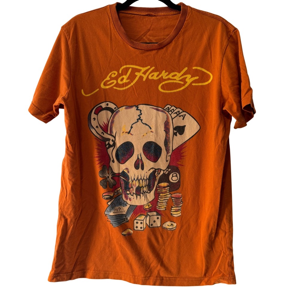 Ed Hardy Christian Audigier‎ Orange Rhinestone Skull Gambling Graphic T-Shirt